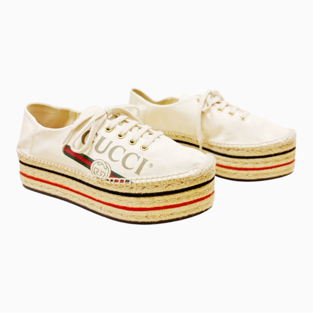 GUCCI Lilibeth Lace Up Platform Espadrilles EU 40.5 US 10.5 Canvas GG Sneaker